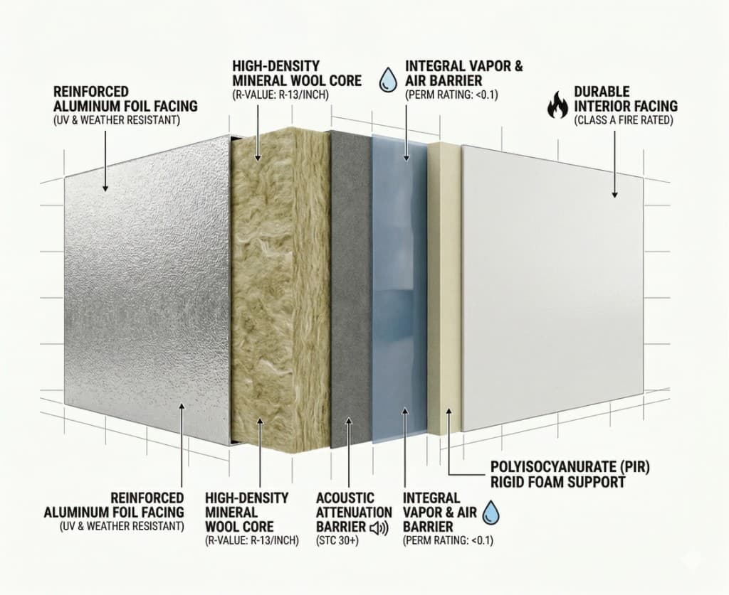 Cross-section diagram of a multi-layer insulation system: foil facing, mineral wool core, acoustic barrier, vapor barrier, PIR foam, and interior facing